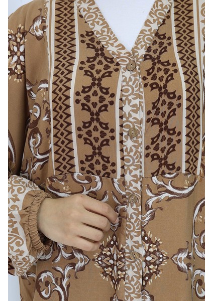 Viskon Kumaş Yarım Düğmeli Desenli Elbise 0052-02 Kahverengi fırsatları