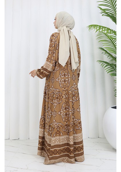 Viskon Kumaş Yarım Düğmeli Desenli Elbise 0052-02 Kahverengi indirimleri