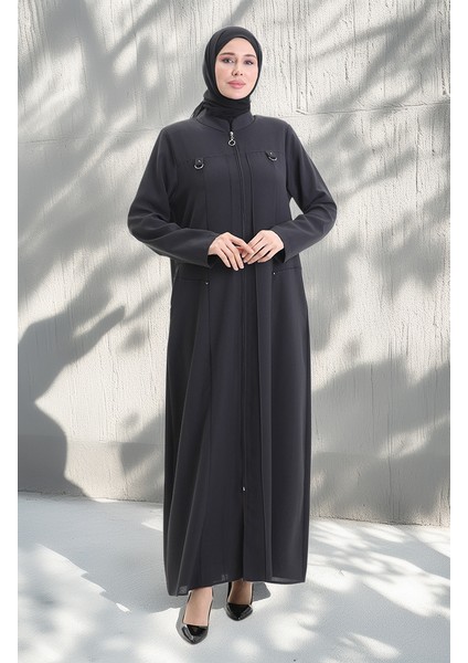 Büyük Beden Metal Boncuk Fermuarlı Ferace 6148-06 Gri