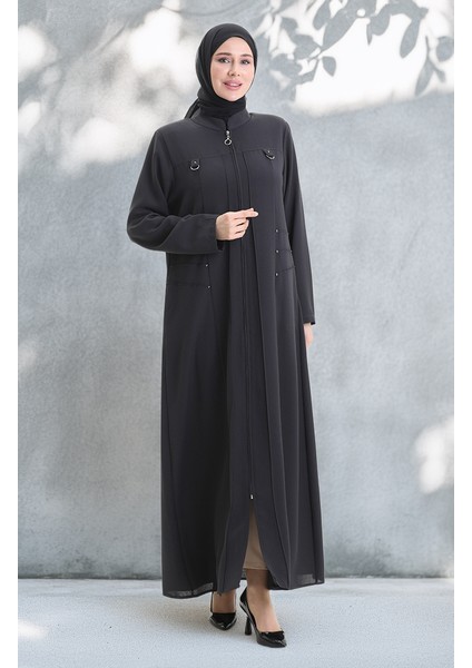 Büyük Beden Metal Boncuk Fermuarlı Ferace 6148-06 Gri fiyatları