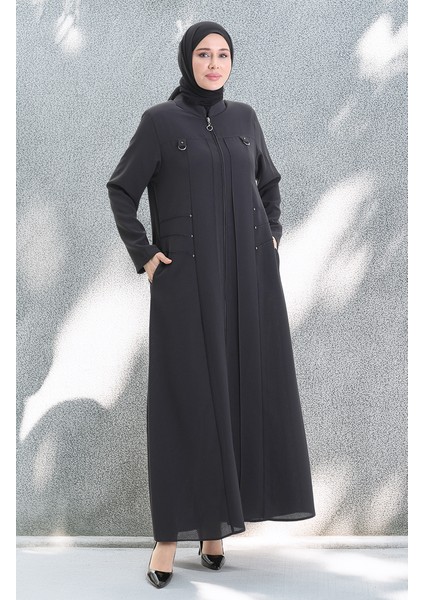 Büyük Beden Metal Boncuk Fermuarlı Ferace 6148-06 Gri modelleri