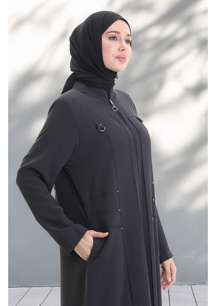 Büyük Beden Metal Boncuk Fermuarlı Ferace 6148-06 Gri fırsatları