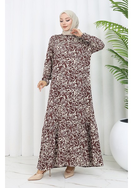 Viskon Kumaş Kolu Lastikli Desenli Elbise 2036-04 Kahverengi fiyatları