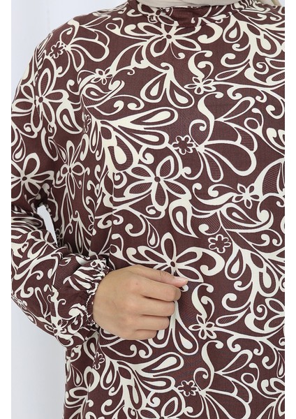 Viskon Kumaş Kolu Lastikli Desenli Elbise 2036-04 Kahverengi fırsatları