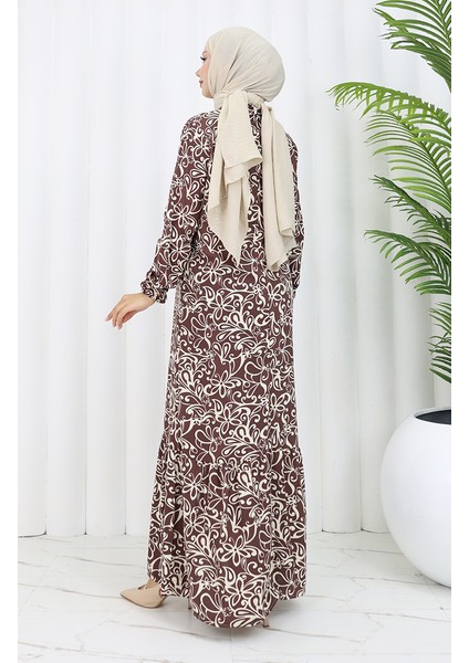 Viskon Kumaş Kolu Lastikli Desenli Elbise 2036-04 Kahverengi indirimleri
