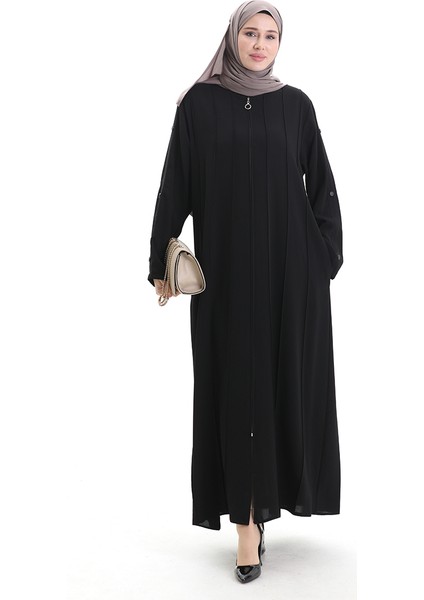 Büyük Beden Dikiş Parçalı Fermuarlı Ferace 6177-01 Siyah