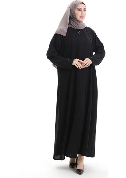 Büyük Beden Dikiş Parçalı Fermuarlı Ferace 6177-01 Siyah modelleri