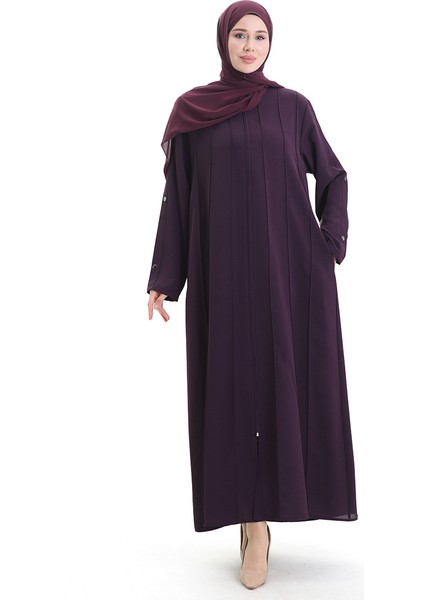 Büyük Beden Dikiş Parçalı Fermuarlı Ferace 6177-04 Mürdüm