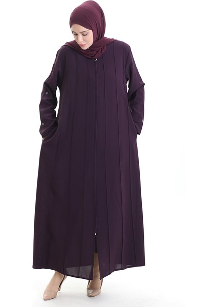 Büyük Beden Dikiş Parçalı Fermuarlı Ferace 6177-04 Mürdüm modelleri
