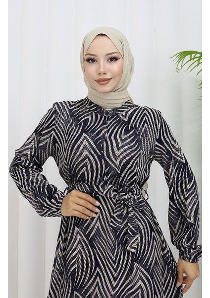 Viskon Kumaş Desenli Elbise 4074-01 Lacivert modelleri