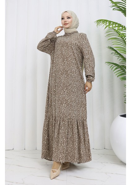 Viskon Kumaş Kolu Lastikli Desenli Elbise 2038-04 Vizon