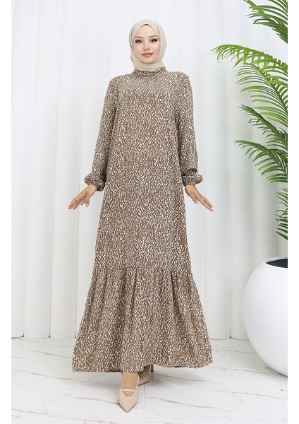 Viskon Kumaş Kolu Lastikli Desenli Elbise 2038-04 Vizon fiyatları