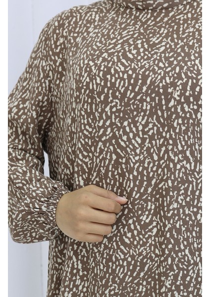 Viskon Kumaş Kolu Lastikli Desenli Elbise 2038-04 Vizon fırsatları