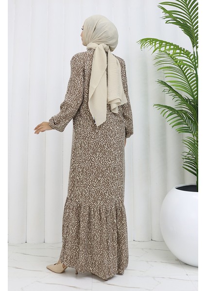 Viskon Kumaş Kolu Lastikli Desenli Elbise 2038-04 Vizon indirimleri