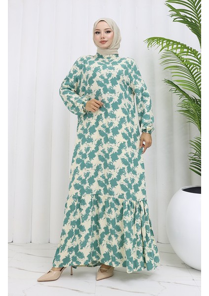 Viskon Kumaş Kolu Lastikli Desenli Elbise 2034-02 Çağla Yeşili