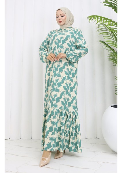 Viskon Kumaş Kolu Lastikli Desenli Elbise 2034-02 Çağla Yeşili fiyatları