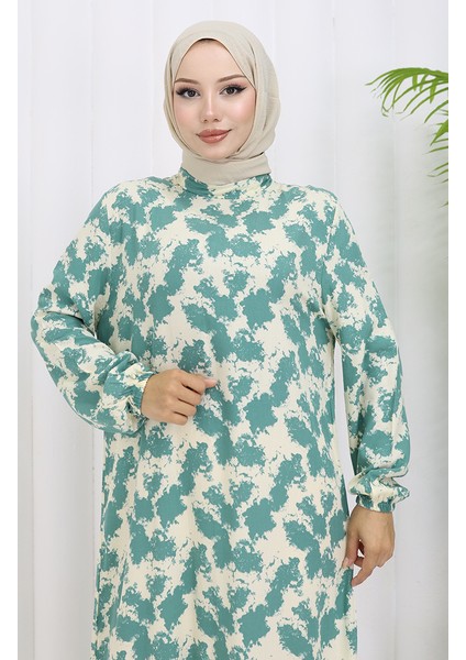 Viskon Kumaş Kolu Lastikli Desenli Elbise 2034-02 Çağla Yeşili modelleri