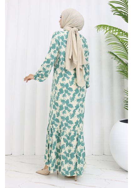 Viskon Kumaş Kolu Lastikli Desenli Elbise 2034-02 Çağla Yeşili indirimleri