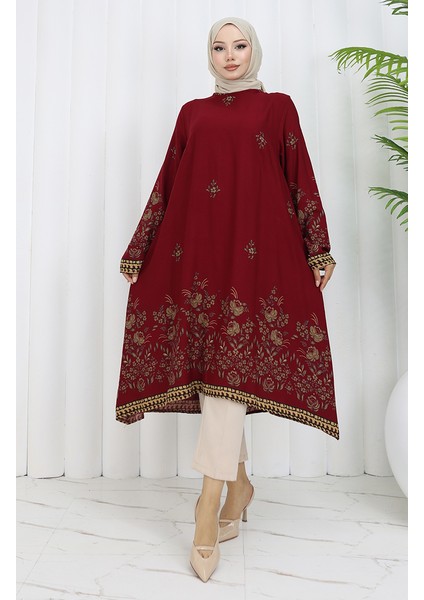 Viskon Kumaş Çiçekli Desenli Tunik 1004-02 Bordo