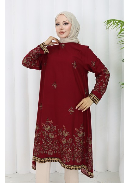 Viskon Kumaş Çiçekli Desenli Tunik 1004-02 Bordo modelleri