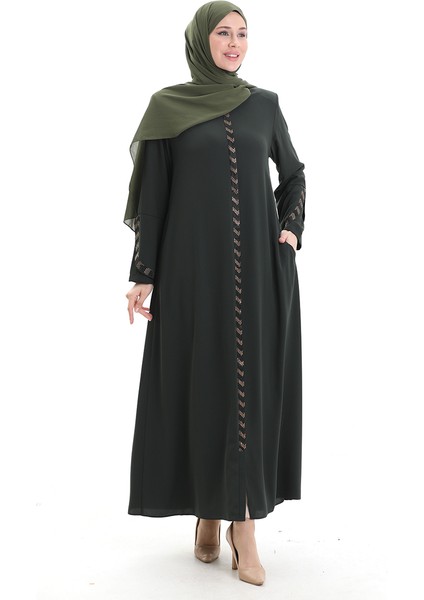 Büyük Beden Şeritli Ferace 2038-04 Haki