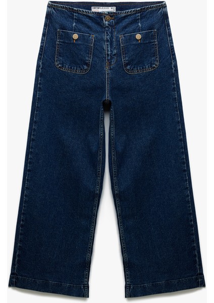Yüksek Bel Rahat Kalıp Cepli Kısa Denim Pantolon - Culotte Jeans