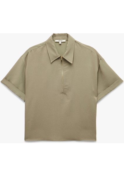 Modal Kumaş Yarım Fermuarlı Kısa Kollu Polo Yaka Oversize Bluz