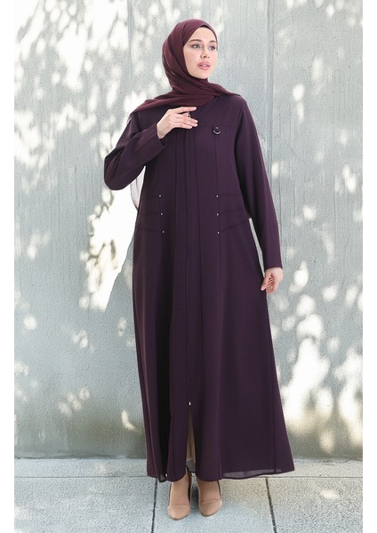 Büyük Beden Metal Boncuk Fermuarlı Ferace 6148-03 Mürdüm fiyatları