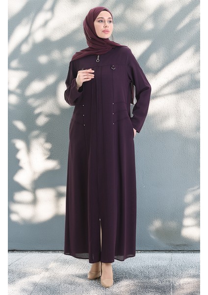 Büyük Beden Metal Boncuk Fermuarlı Ferace 6148-03 Mürdüm modelleri