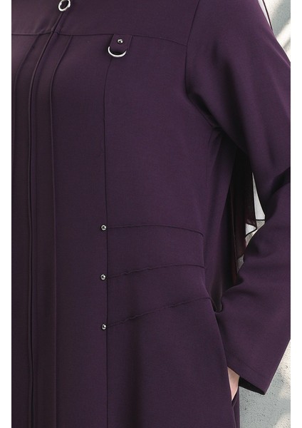 Büyük Beden Metal Boncuk Fermuarlı Ferace 6148-03 Mürdüm indirimleri