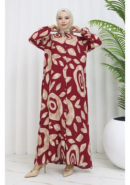 Viskon Kumaş Boydan Düğmeli Desenli Elbise 2029-05 Sütlü Kahve Bordo