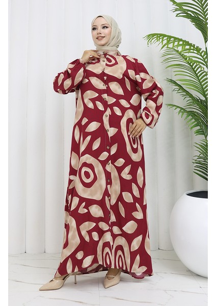 Viskon Kumaş Boydan Düğmeli Desenli Elbise 2029-05 Sütlü Kahve Bordo fiyatları