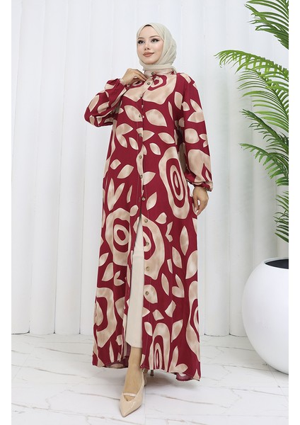 Viskon Kumaş Boydan Düğmeli Desenli Elbise 2029-05 Sütlü Kahve Bordo modelleri