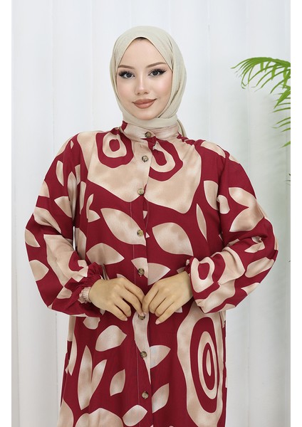 Viskon Kumaş Boydan Düğmeli Desenli Elbise 2029-05 Sütlü Kahve Bordo fırsatları