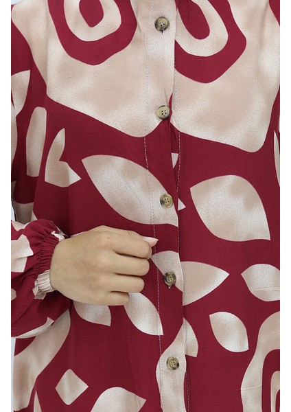 Viskon Kumaş Boydan Düğmeli Desenli Elbise 2029-05 Sütlü Kahve Bordo indirimleri