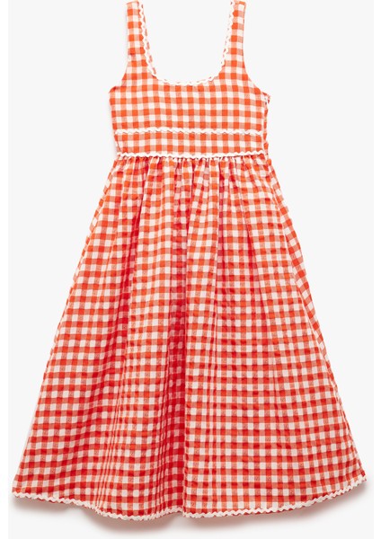 Viskon Karışımlı Yuvarlak Yaka Ekoseli Askılı Elbise