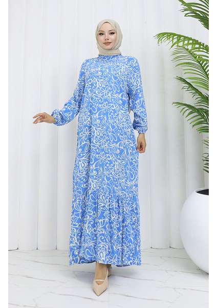 Viskon Kumaş Kolu Lastikli Desenli Elbise 2036-01 Mavi