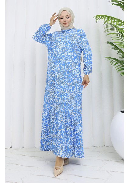 Viskon Kumaş Kolu Lastikli Desenli Elbise 2036-01 Mavi fiyatları
