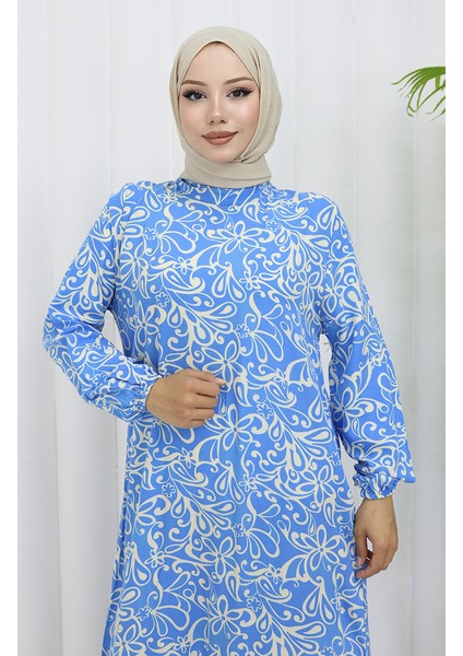 Viskon Kumaş Kolu Lastikli Desenli Elbise 2036-01 Mavi modelleri