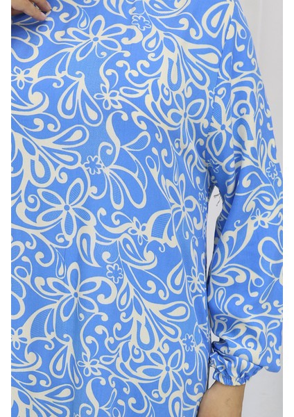 Viskon Kumaş Kolu Lastikli Desenli Elbise 2036-01 Mavi fırsatları