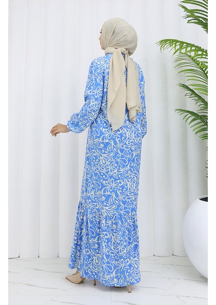 Viskon Kumaş Kolu Lastikli Desenli Elbise 2036-01 Mavi indirimleri