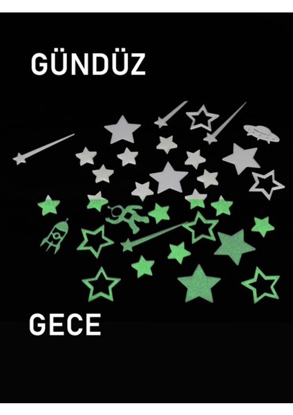 Yeşil Karanlıkta (Gece)Parlayan Fosforlu Yıldız Seti Kaliteli Uzun Parlama Dekoratif Sticker 32 Ade