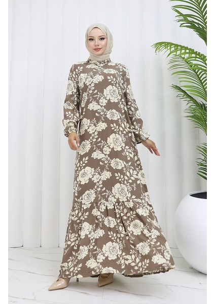 Viskon Kumaş Kolu Lastikli Desenli Elbise 2037-03 Vizon