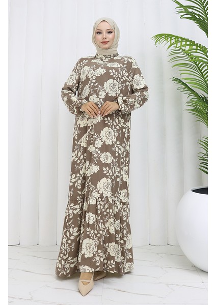 Viskon Kumaş Kolu Lastikli Desenli Elbise 2037-03 Vizon fiyatları