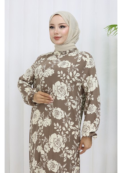 Viskon Kumaş Kolu Lastikli Desenli Elbise 2037-03 Vizon modelleri