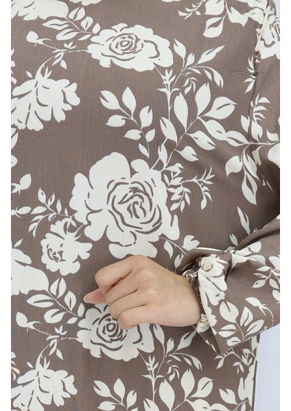 Viskon Kumaş Kolu Lastikli Desenli Elbise 2037-03 Vizon fırsatları