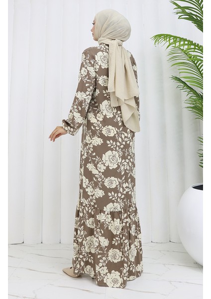 Viskon Kumaş Kolu Lastikli Desenli Elbise 2037-03 Vizon indirimleri