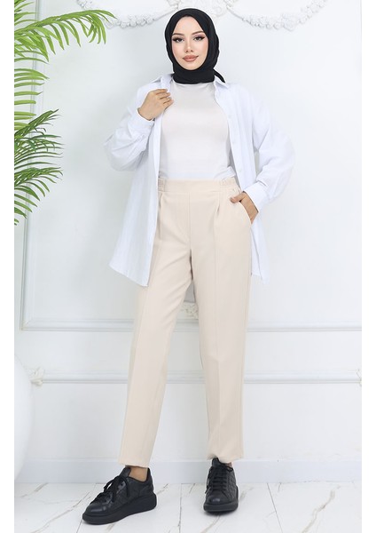 Beli Lastikli Havuç Pantolon 4002-04 Bej