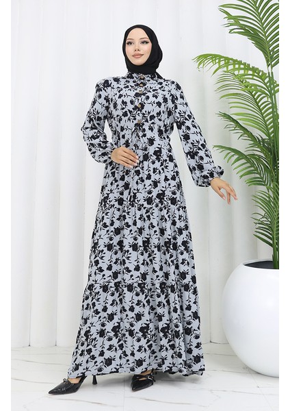 Viskon Kumaş Yarım Düğmeli Desenli Elbise 0053-03 Gri