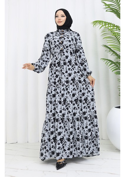 Viskon Kumaş Yarım Düğmeli Desenli Elbise 0053-03 Gri fiyatları